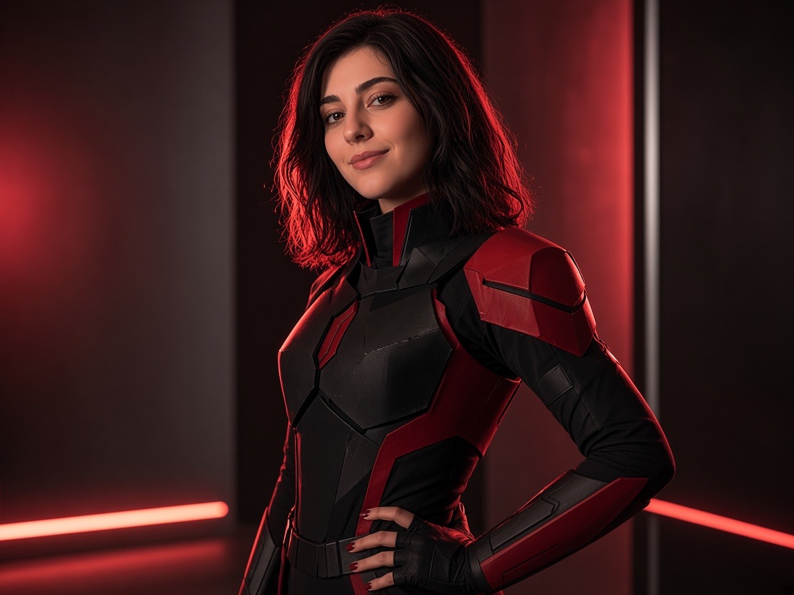 Luna in a red and black armor costume